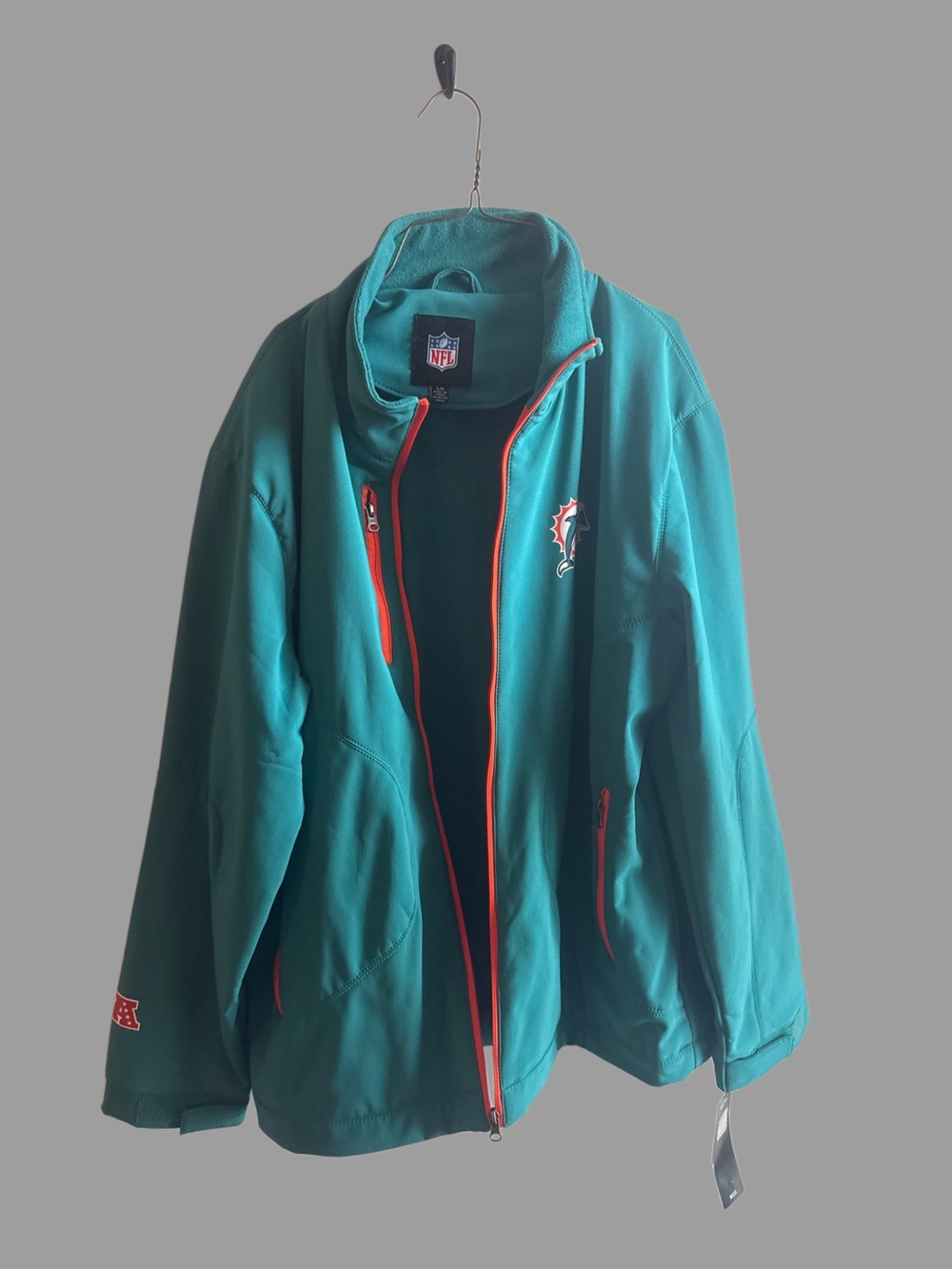 NWT NFL Miami Dolphins Softshell Jacket Men’s L Aqua Orange Zip Vintage Logo